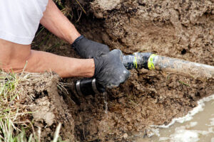 Person repairing leaking underground pipe.