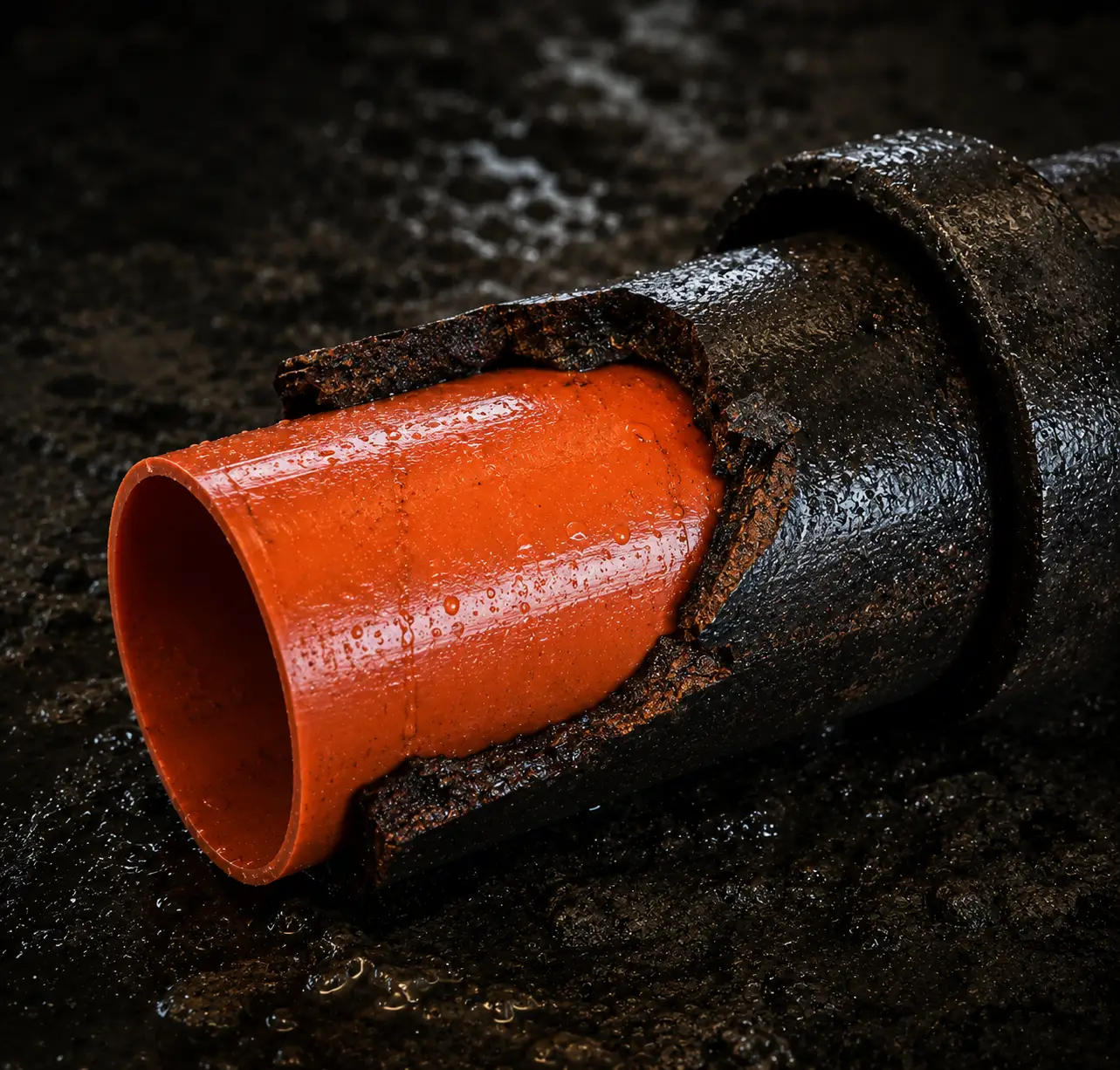 New pipe being inserted during trenchless sewer repair